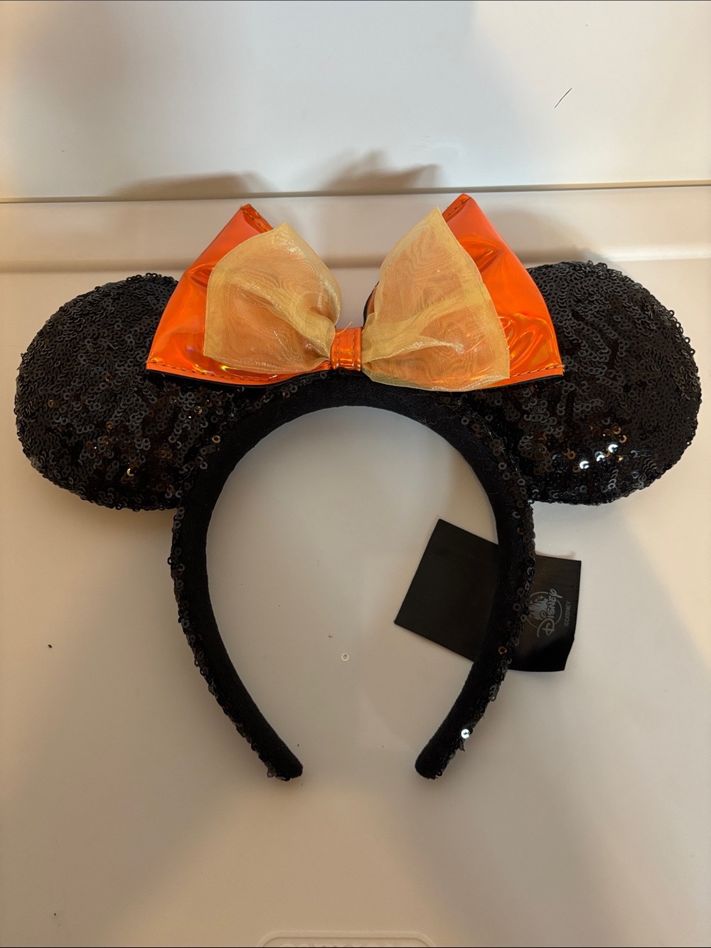 Disney Black Sequin Minnie Ears Headband with Orange and Gold Bow